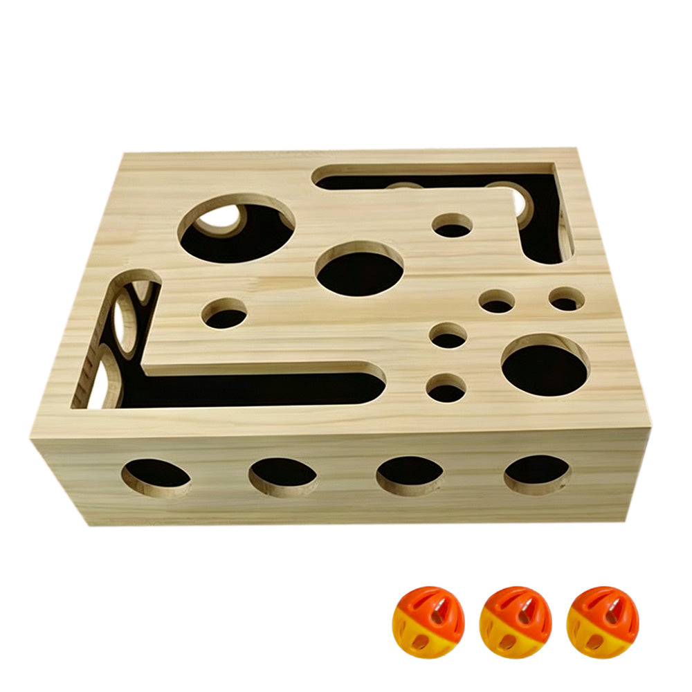 Cat Puzzle Toy Box Wooden Interactive Scratch Maze Toy with Bell Balls for Cats