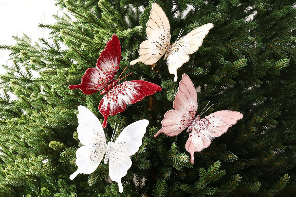 8pcs 3D Fabric Butterfly Clip Ornaments Sequins Glitter Trim Butterfly Clips Decor for Christmas Tree