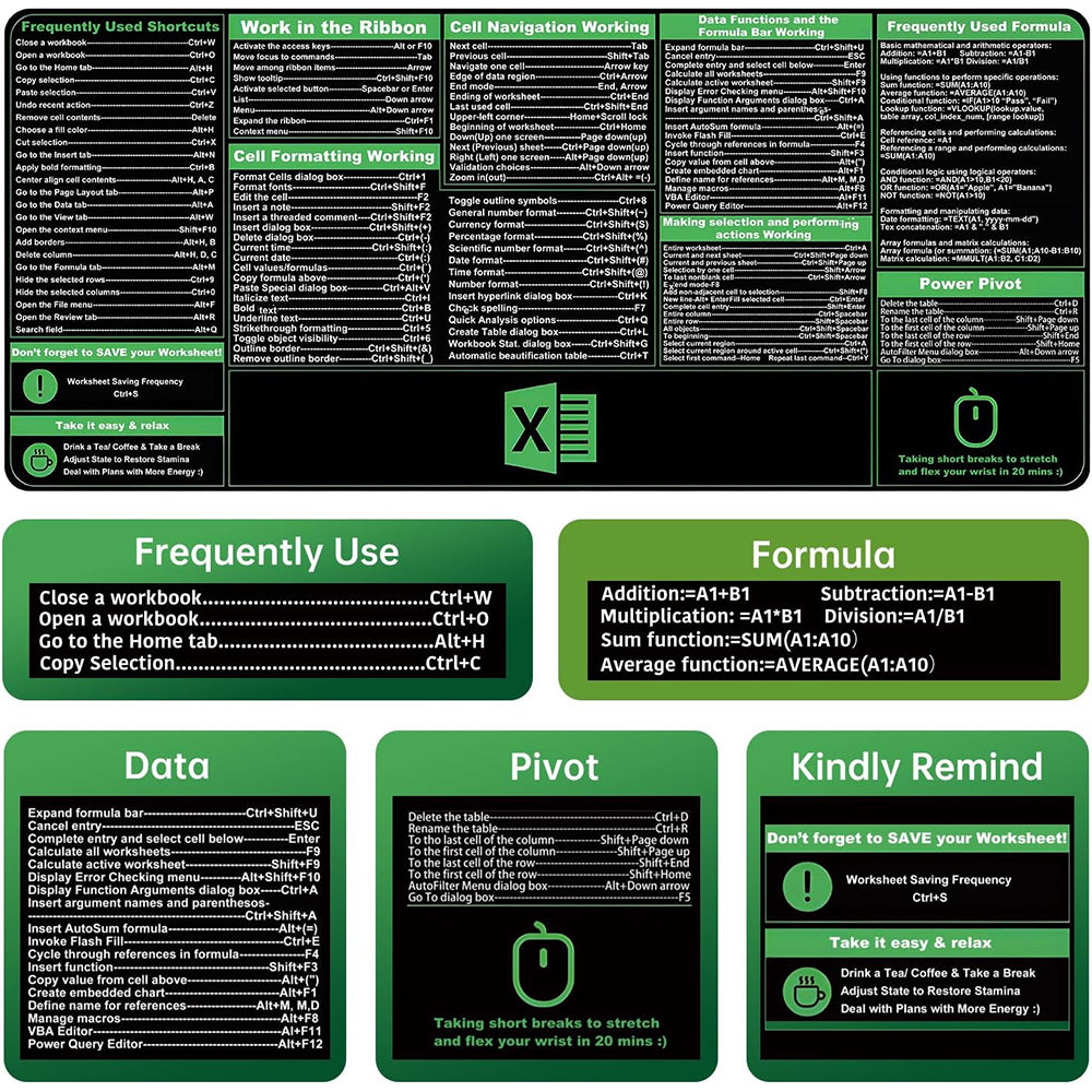 Excel Shortcuts Office Mouse Pad Keyboard Mat
