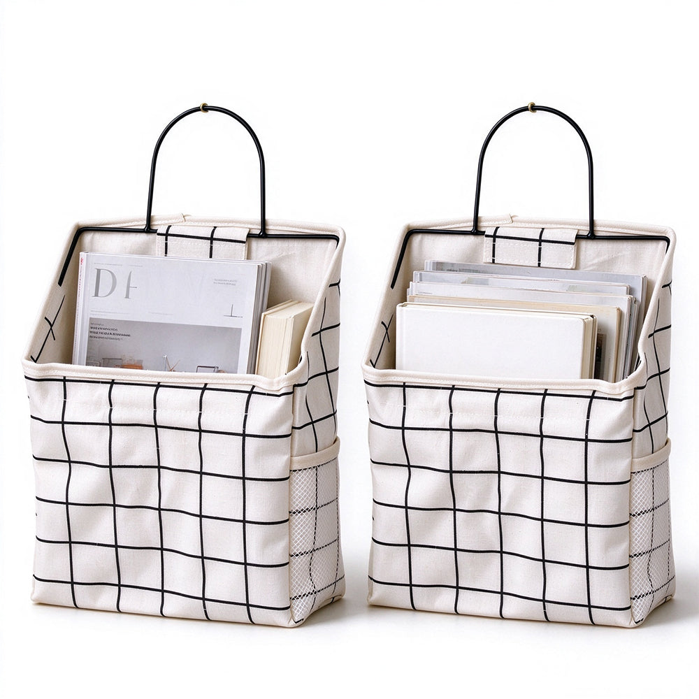 2 Pack Fabric Wall Hanging Storage Bags with Iron Hooks and Mesh Pockets