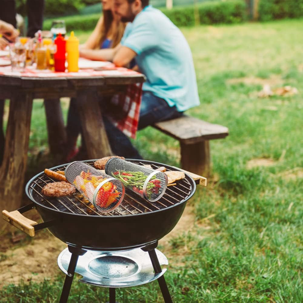 Set Of 3 Rolling Grill Basket BBQ Net Cylinder Barbecue Grilling Tube Cage