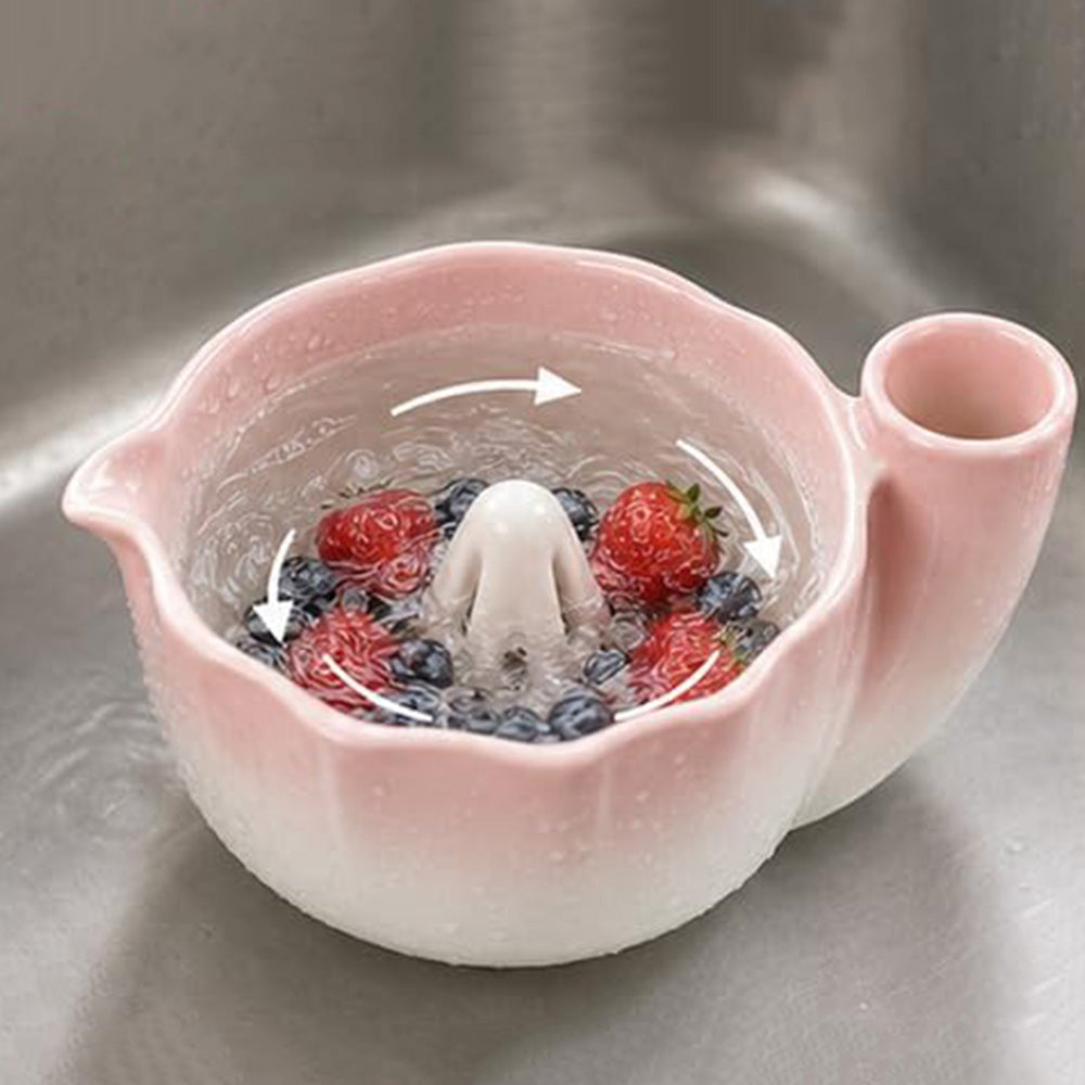 Self-Spinning Ceramic Berry Washing Bowl Set with Drain Holes and 2 Fruit Forks for Cleaning Berries