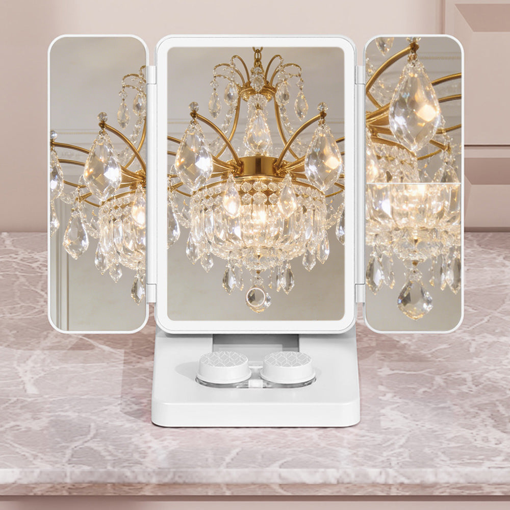 3 in 1 Foldable Makeup Mirror with Lights and Contact Lens Case for Travel