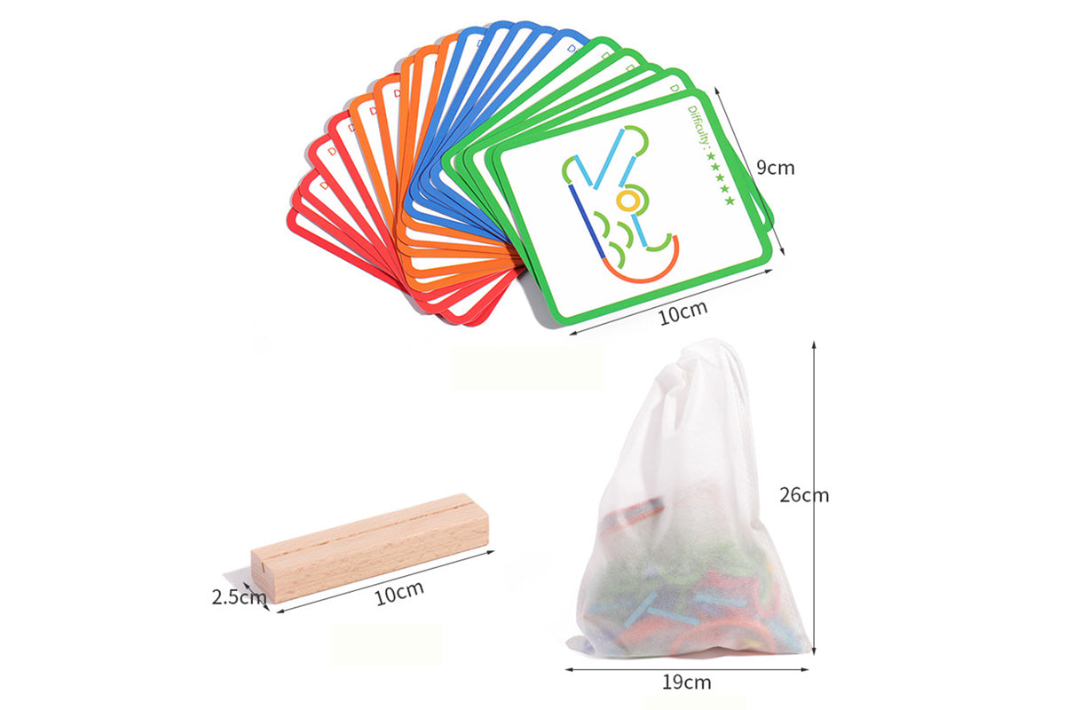 142Pcs Wooden Pattern Blocks Set with Sticks and Rings Brain Teaser Toys