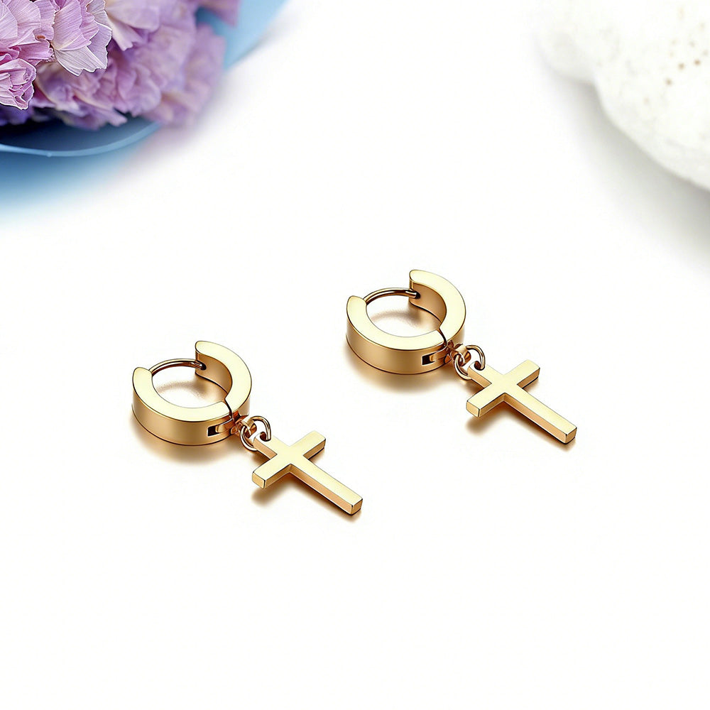5 Pairs Unisex Cross Dangle Hoop Huggie Stainless Steel Earrings