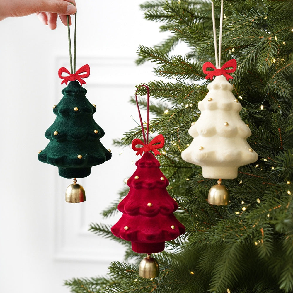 3PCS Flocked Christmas Tree Hanging Ornaments with Bell Pendants