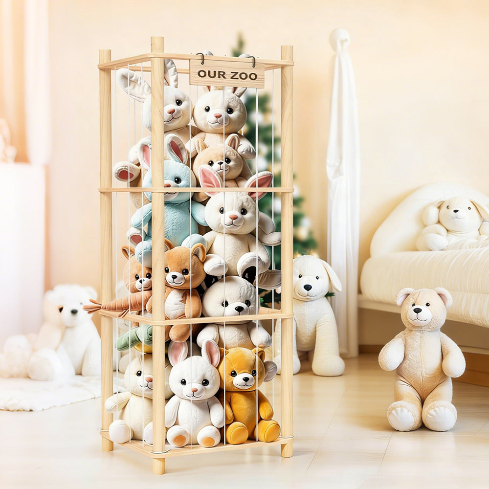 Stuffed Animal Storage Organizer Wooden Zoo Toy Holder for Playrooms Bedrooms
