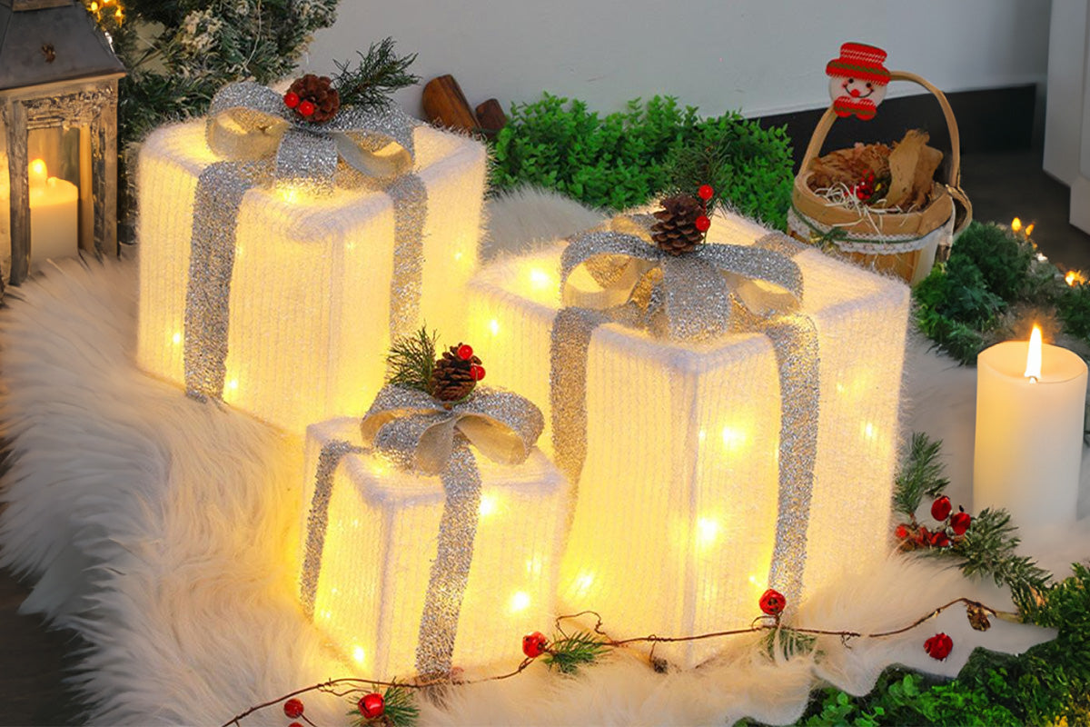 3PCS Christmas Lighted Gift Boxes With 8 Modes For Holiday Indoor Outdoor Decorations