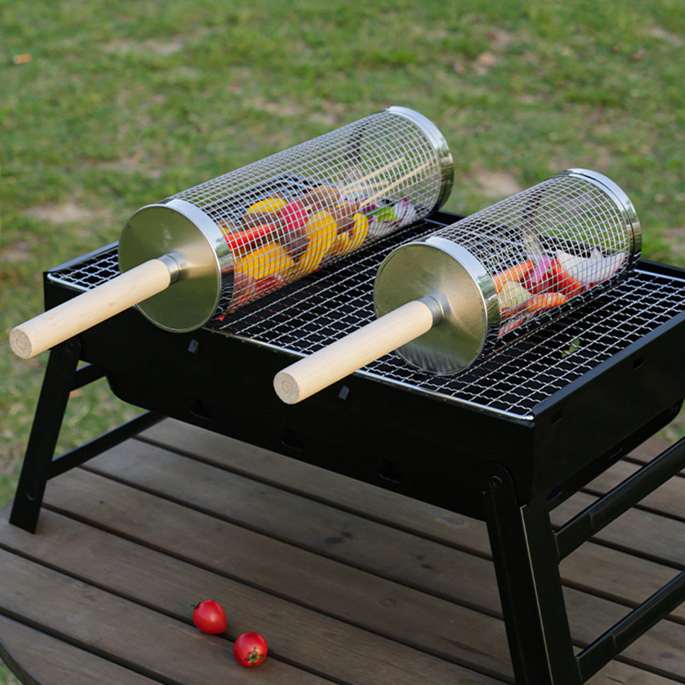 2 Pack Rolling Grill Basket with Wooden Handle Stainless Steel BBQ Accessory