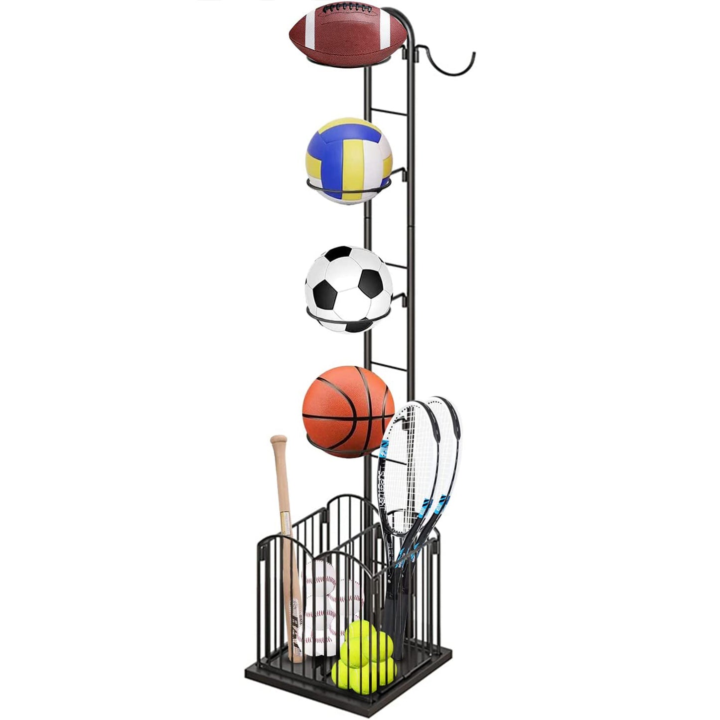 4 Tier Sports Equipment Ball Storage Rack with Basket and Hooks
