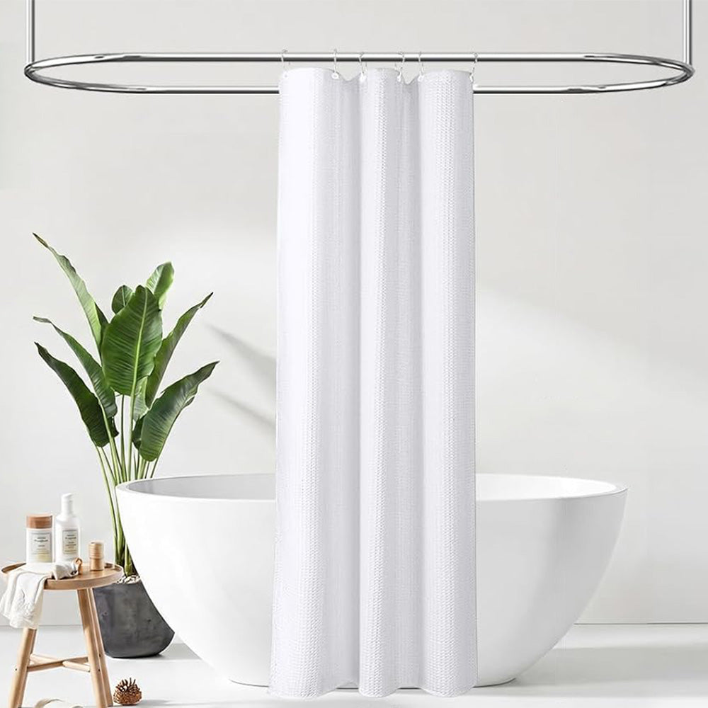 Waffle Weave Water Resistant Shower Curtain with 12 Rustproof Rings-White