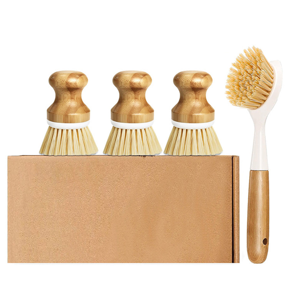 4 Piece Pot Cleaning Brush Set with Engineered Wood Handles for Cookware