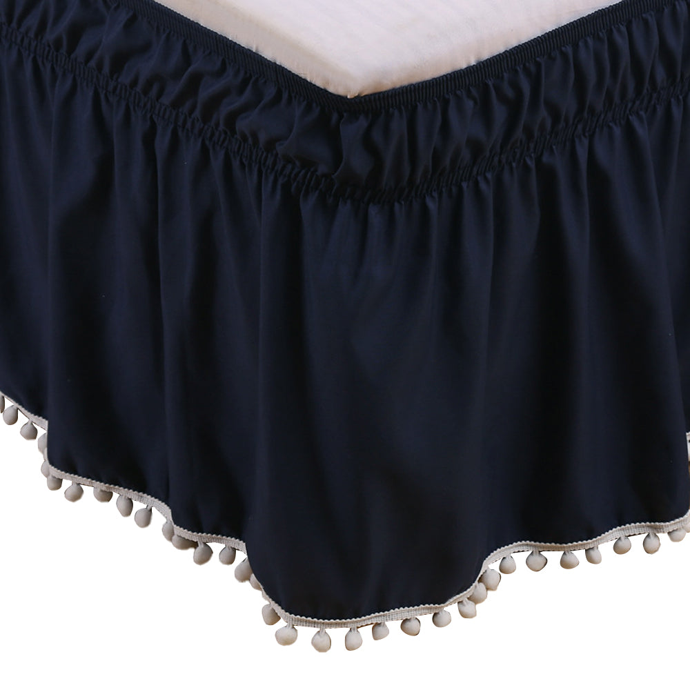 Pompom Fringe Bed Skirt Ruffle Valance Elastic Bed Wrap Around