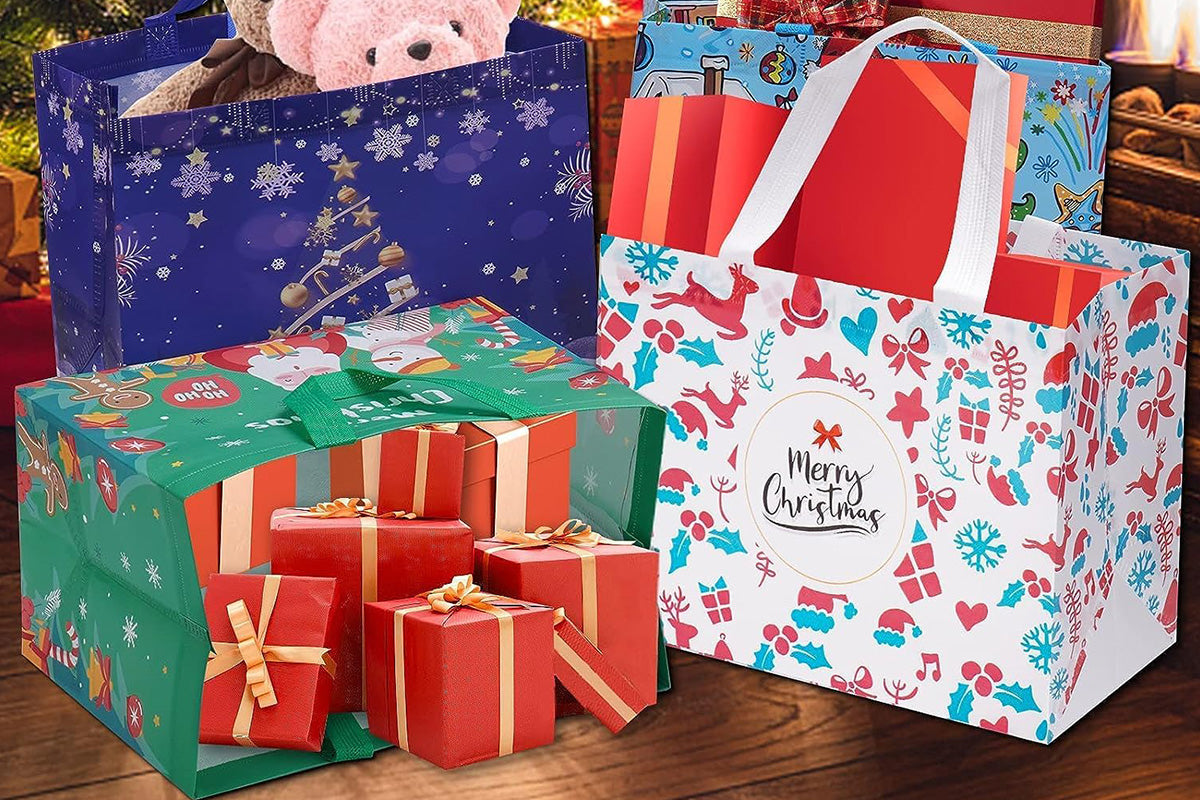 12PCS Christmas Gift Bags Large Reusable Christmas Tote Bags For New Year Party Supplies