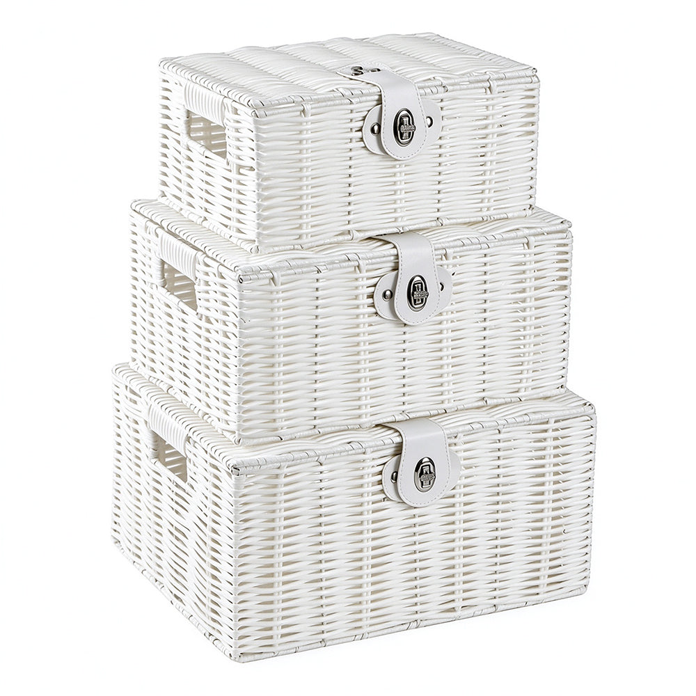 3 Piece Imitation Rattan Woven Storage Basket Set with Locking Lids-White