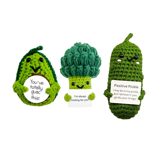 Mini Crochet Doll with Positive Card-Broccoli, Cucumber, Avocados