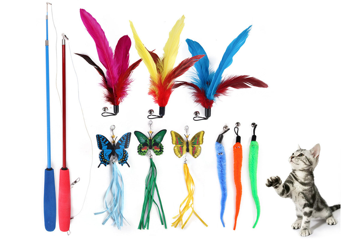 Interactive Cat Toy Set Telescopic Cat Wand with Feather Replacement Pack for Indoor Cat Play