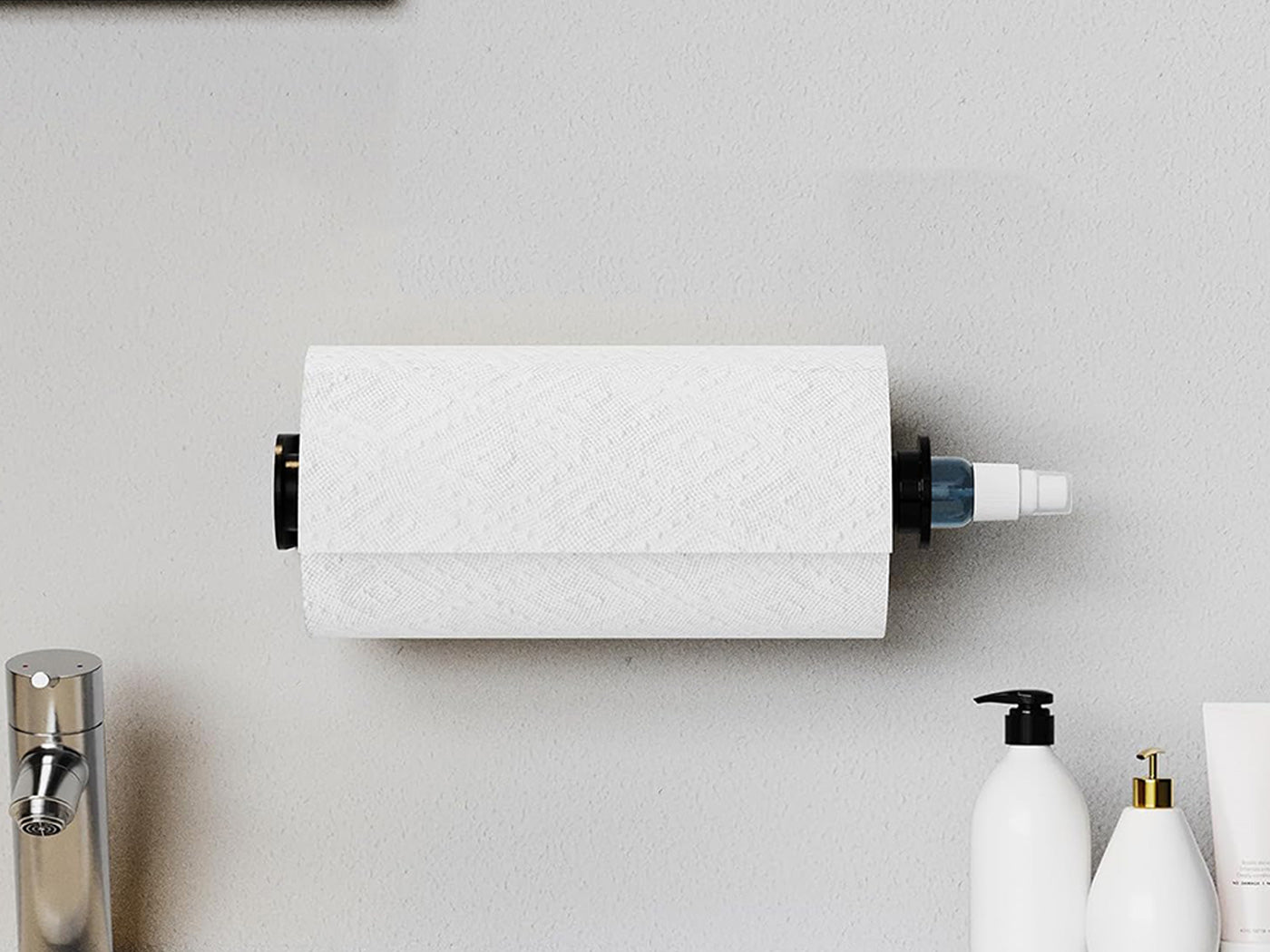 Paper Towel Holder with Spray Pump Hanging Wall Mount Papertowels Roller Sprayer