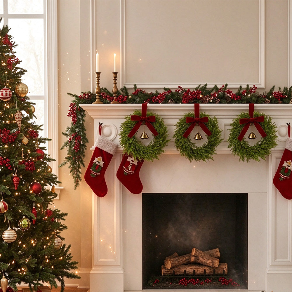 Vintage Brass Bell Christmas Wreaths with Burgundy Bow
