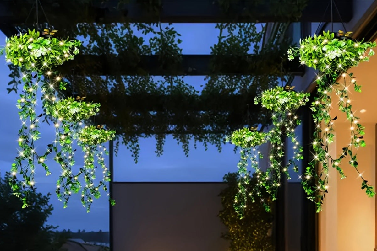 Solar Hanging Light with Artificial Green Vine Garden Decor Outdoor Hanging Solar Lamp Fake Trailing Plant Light for Patio Balcony