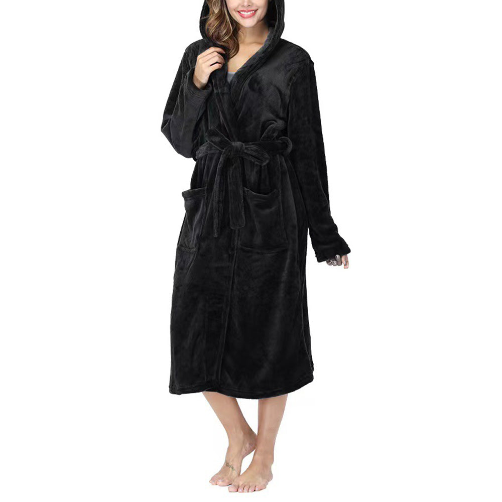 Women Robe Hood Flannel Fleece Full Length Bathrobe Shower Nightgown-Black