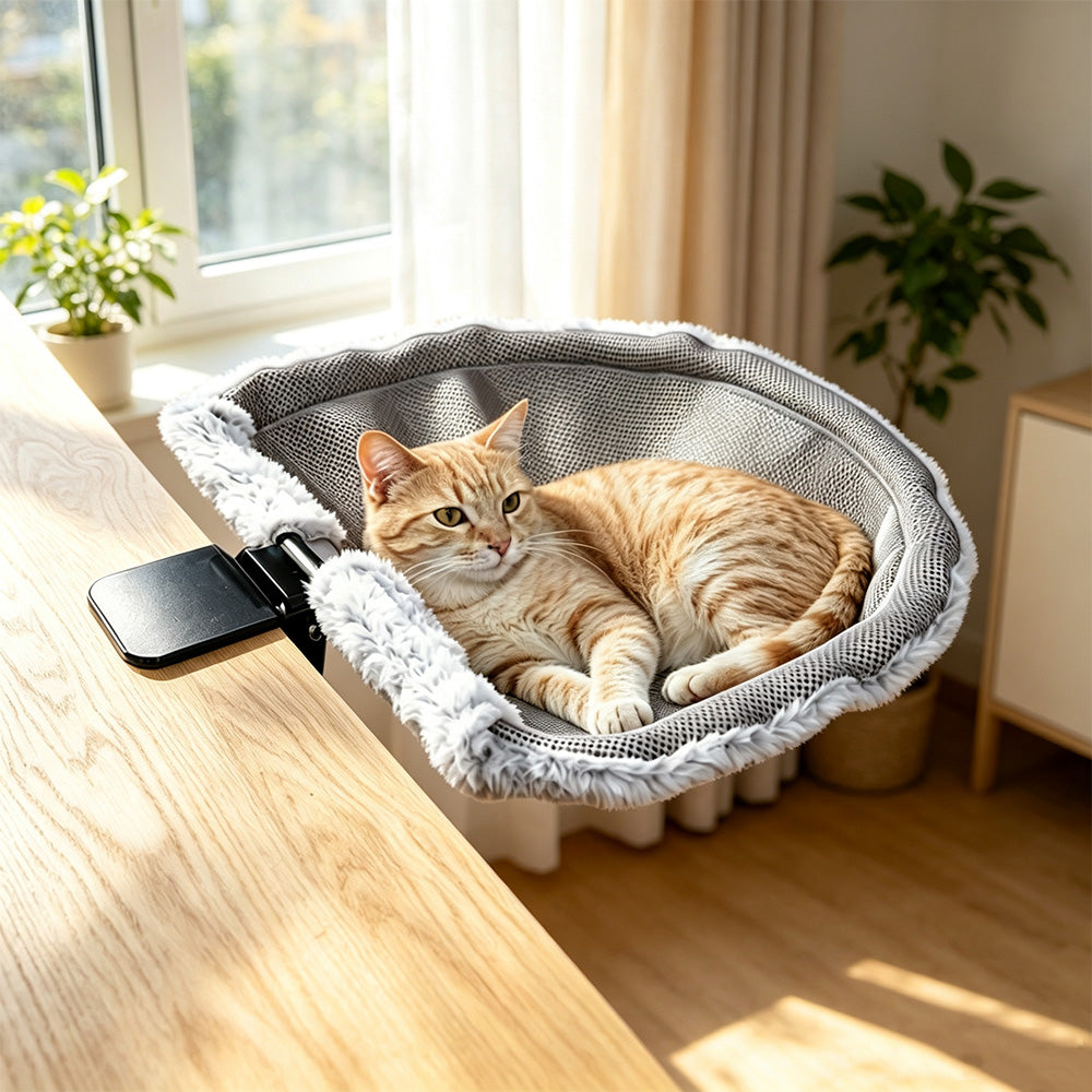 Desk Mounted Reversible Cat Hammock with Steel Frame in Gray