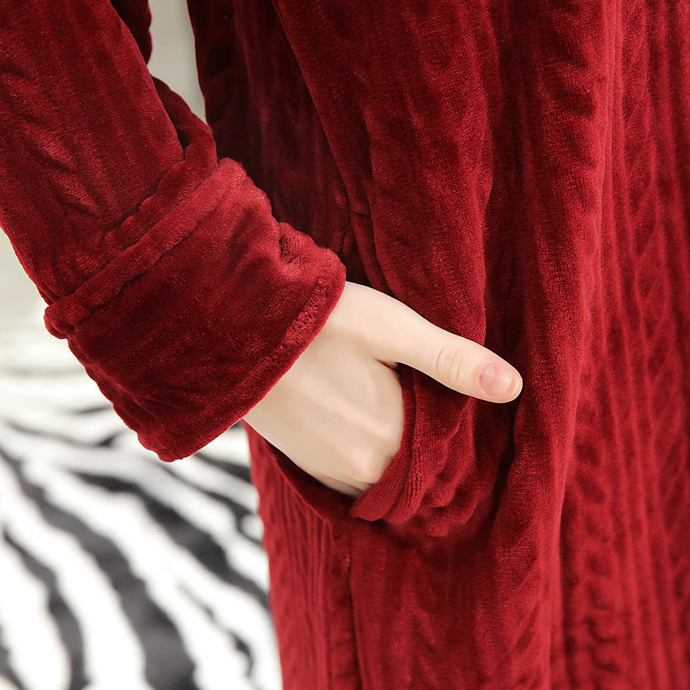Unisex Long Hooded Zipper Bathrobe Fleece Robes Winter Warm Nightgown Sleepwear Pyjamas-Wine Red