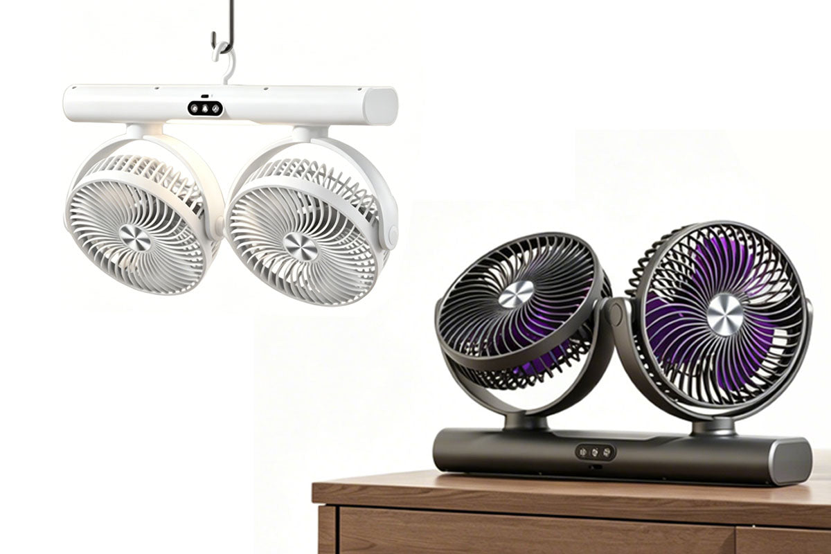 Dual Heads Rechargeable Hanging Fan 3 Speeds Fan with Night Light
