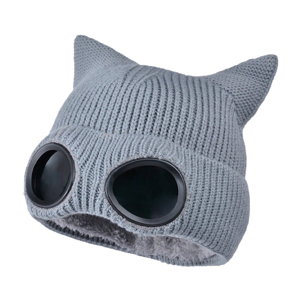 Double Layer Knit Winter Beanie with Goggles Cute Cat Ear Knit Beanie for Winter