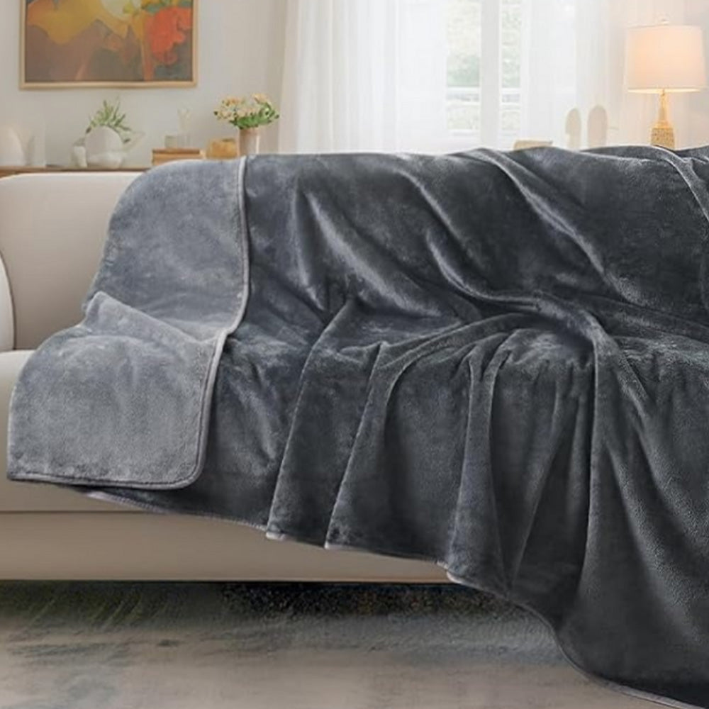 Water-Resistant Reversible Flannel Blanket Machine-Washable for Bed Sofa Camping-Grey