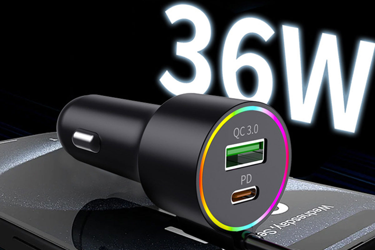 3 In 1 Car Charger With Retractable Coiled Cable USB And Type-C Fast Charging