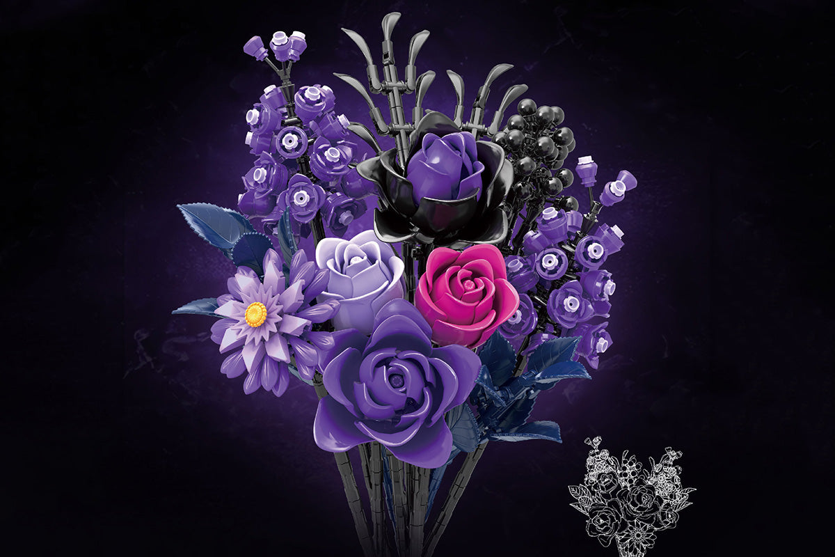 822PCS Purple Rose Bouquet Building Blocks DIY Assembly Set Birthday Gift Home Decoration