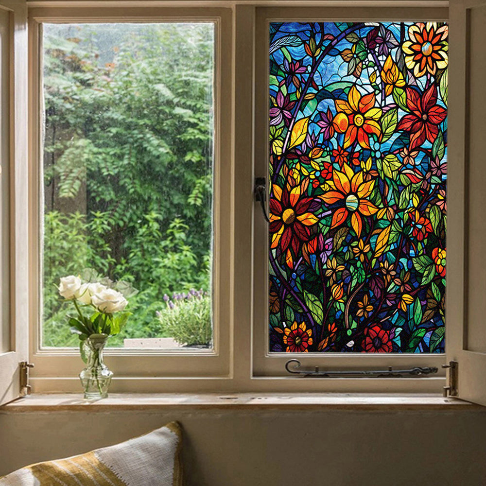 2Pcs Static Cling Windows Film Stained Glass Stickers Flower Decor