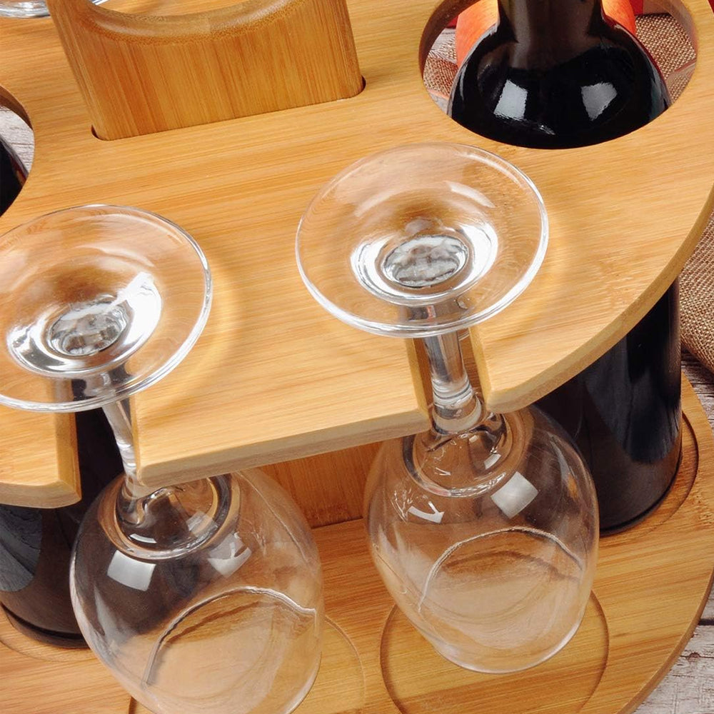 Bamboo Wine Storage and Display Rack Holds 2 Bottles and 4 Glasses