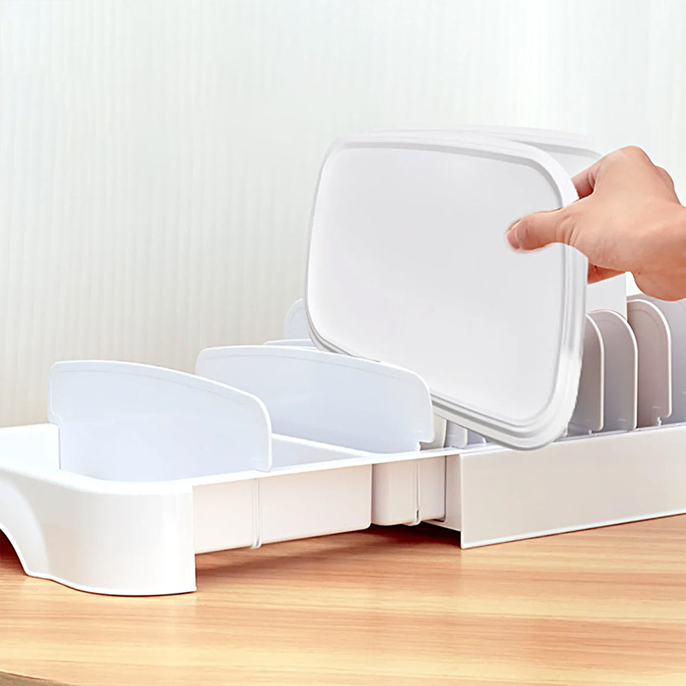 Expandable Food Container Lid Organizer with Adjustable Dividers