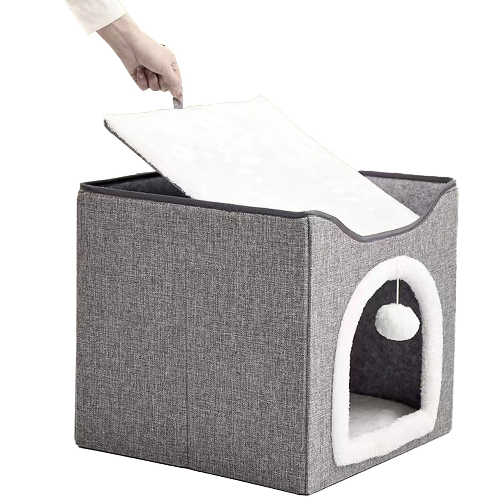 Foldable Cat Condo 2 Layer Cat Cube Box Kitten Cave with 2 Cosy Cushion