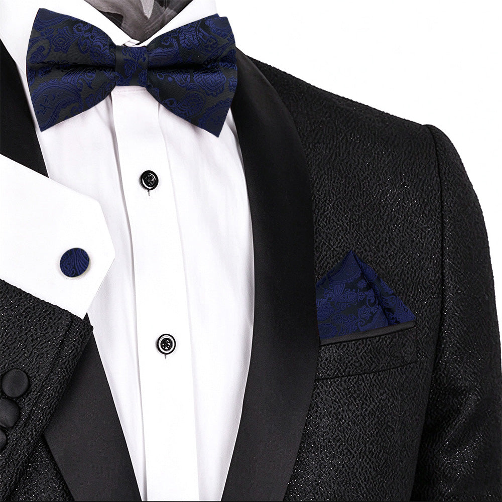 4 Piece Mens Jacquard Pre Tied Bow Tie Pocket Square and Cufflink Set