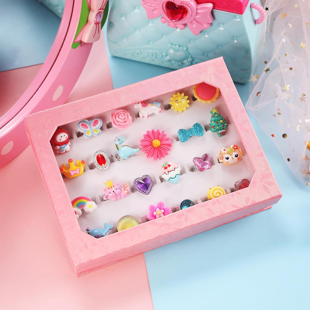 24PCS Adjustable Jewelry Rings Set Girls Pretend Play Rings
