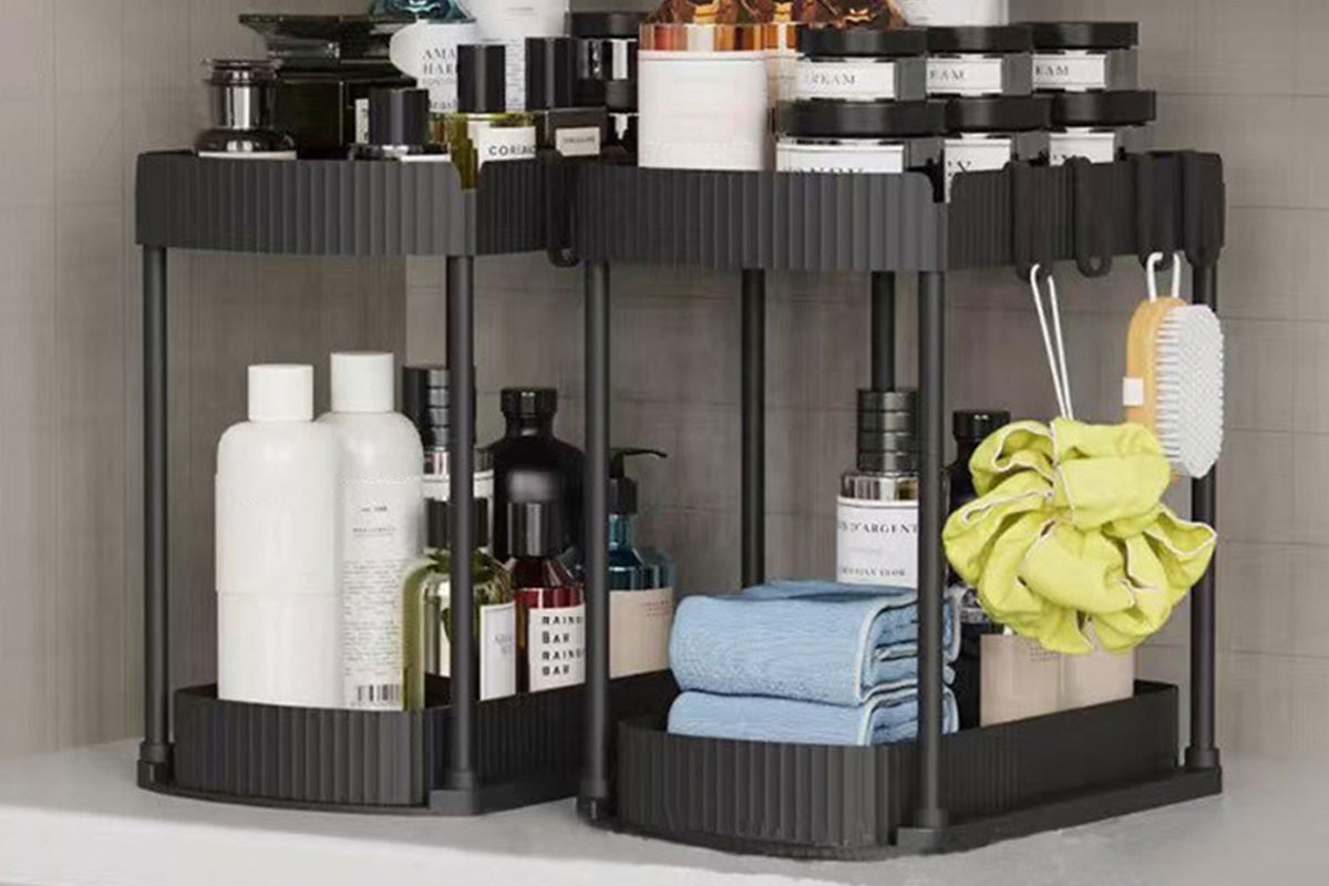 2Pcs Pull Out Storage Organizer Under Sink Shelf with 8 Hooks for Home Use