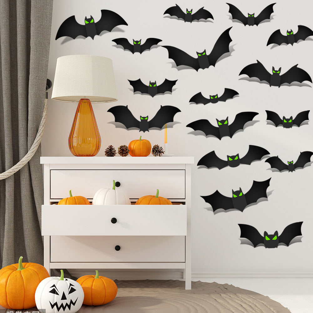 144Pcs 3D Black Bat With Glow Eyes Halloween Decorative Bats Wall Stickers