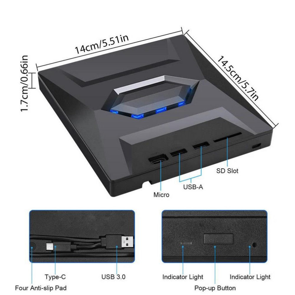 7 in1 External CD DVD Drive USB3.0 Type-C Writer Burner Player for Laptop Windows