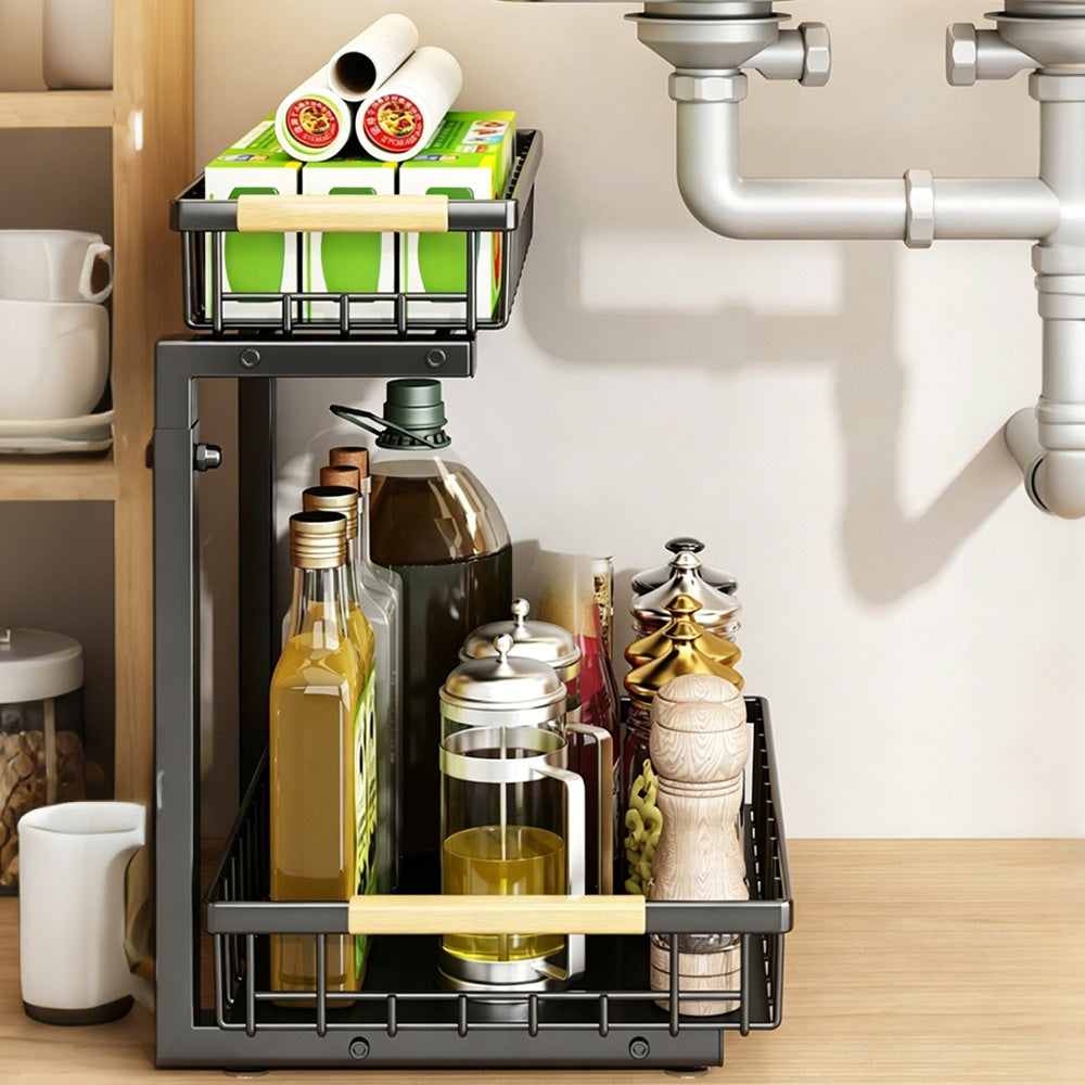 Under Sink Organizer 2 Tier Pull Out Cabinet Storage Slide Out Shelf Metal Sliding Drawer
