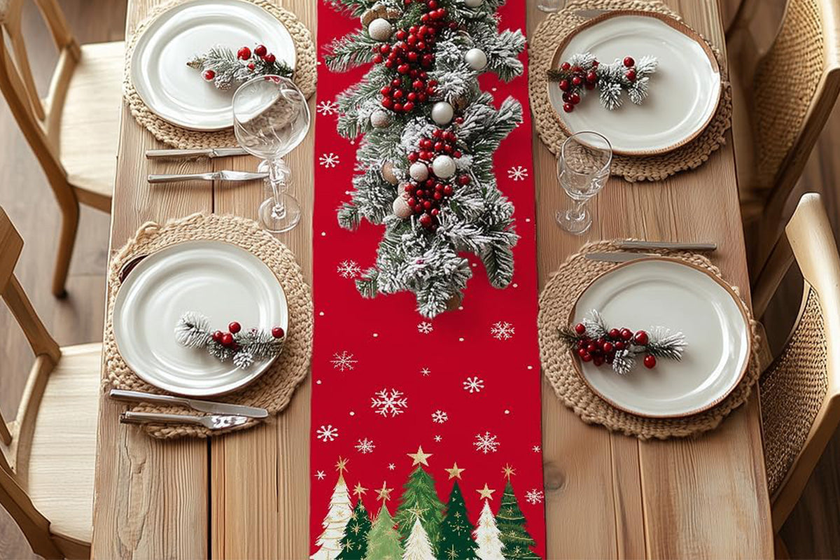 Christmas Table Runner Xmas Trees Tablecloth Cover For Kitchen Dinner Party