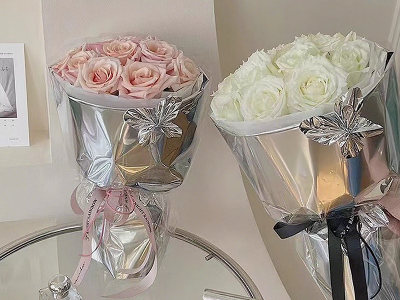 Christmas Silver Gift Wrapping Paper Bouquet Wrap Mirror Film Wrapping Paper with 10pcs Acrylic stickers