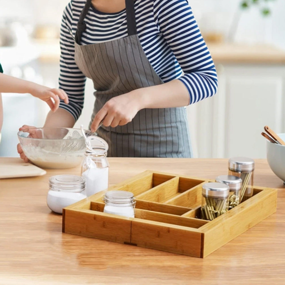 Expandable Bamboo Kitchen Drawer Organizer for Cutlery Utensils Wood Cutlery Tray in Drawer