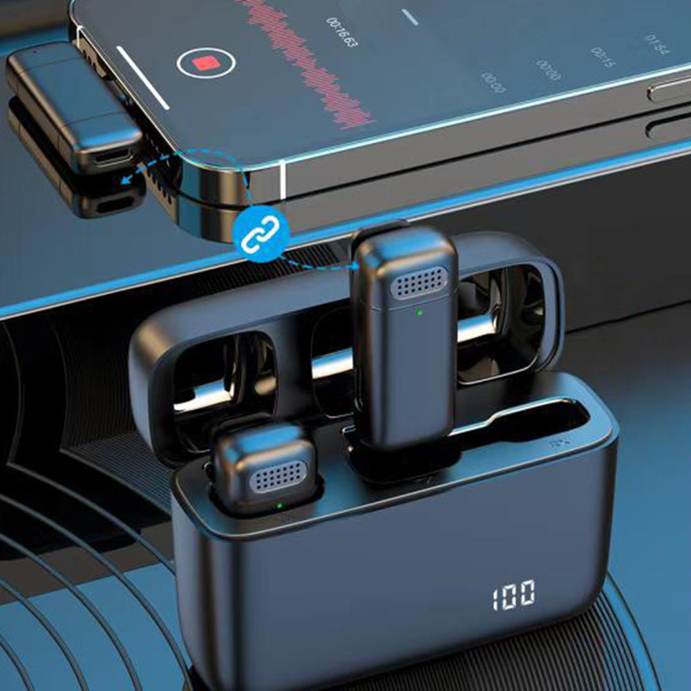 Dual Wireless Lavalier Mics with Charging Case Noise Reduction Lapel Microphone