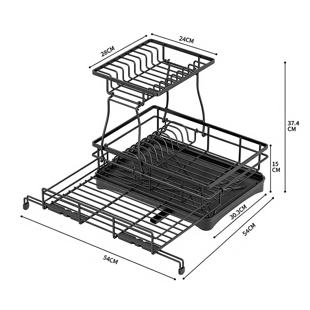 Expandable Carbon Steel Dish Drying Rack with Rotating Drain Spout-Black
