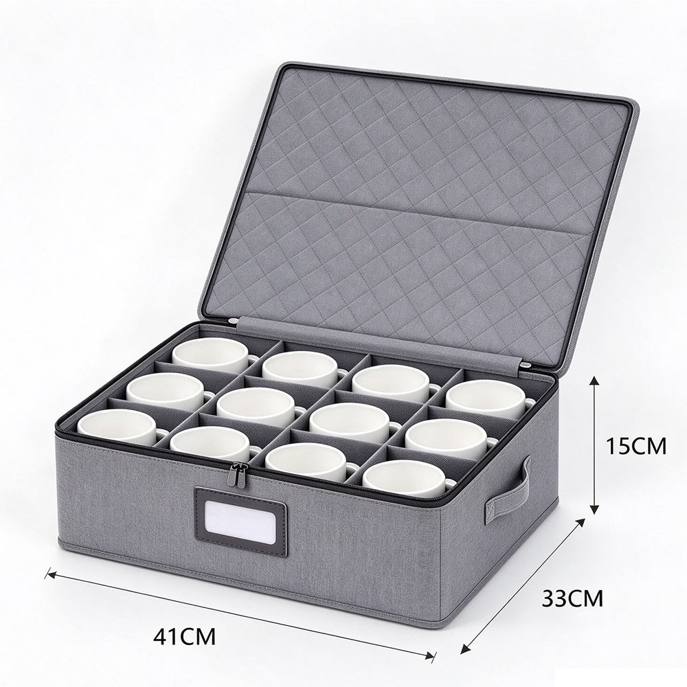 12 Compartment Quilted Fabric Wine Glass Storage Box with Dividers
