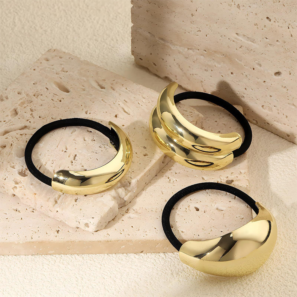 3Pcs Metal Gold Hair Ties with Geometric Design Stretchy Ponytail Cuff Holders