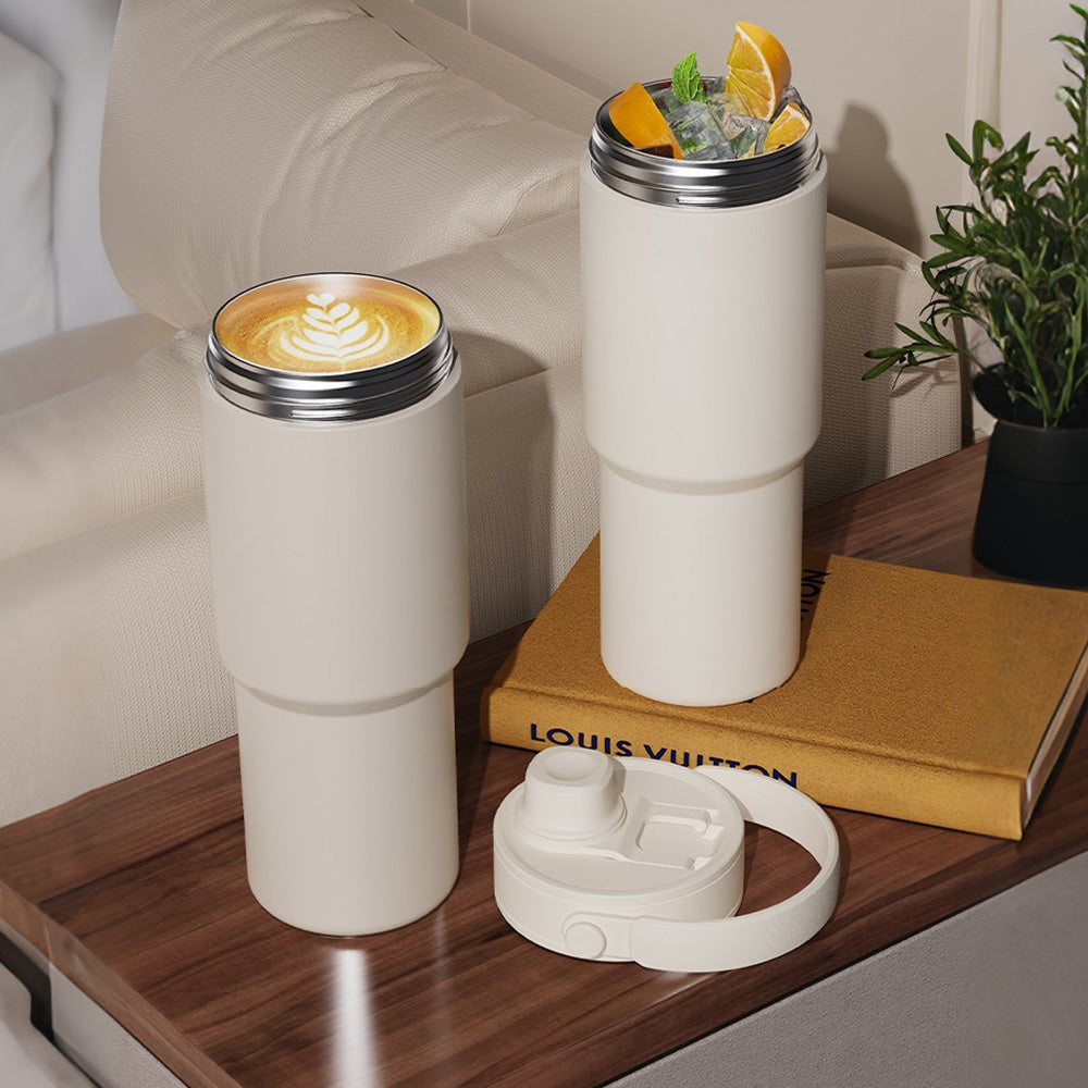 Dual Lid Tumbler with Straw 735ml Large Capacity Vacuum Insulated Water Bottle